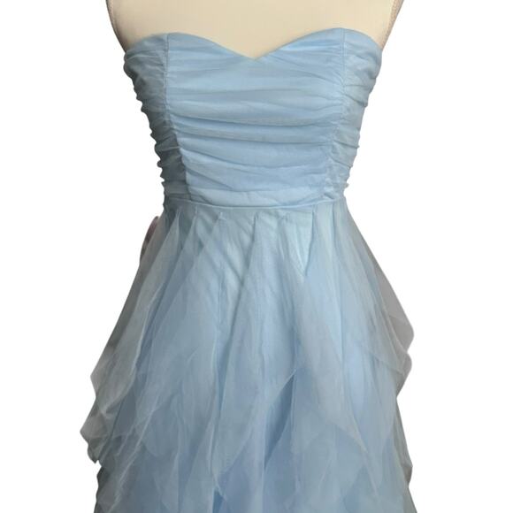 LULUS Delightful Beauty Blue Mesh Strapless Ruched Ruffled Maxi Dress-Size S - Picture 3 of 9